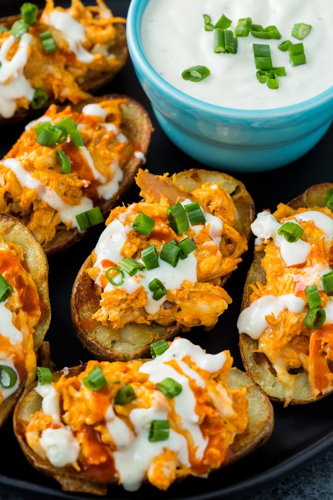 Buffalo Chicken Potato Skins with blue cheese dressing