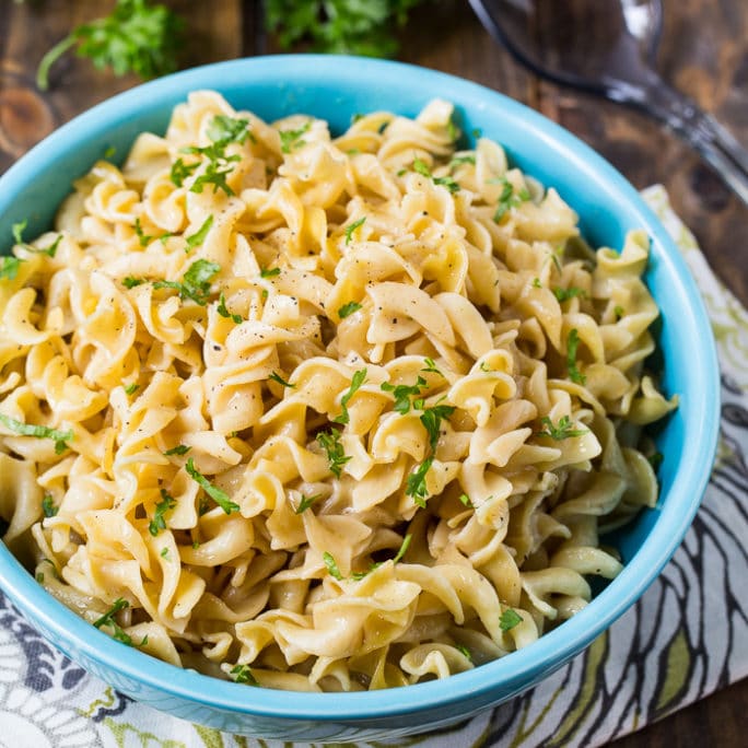 Buttered Noodles cooked in butter and chicken broth for extra flavor.