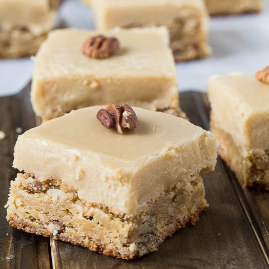 Butterscotch Blondies with pecans and a thick layer of heavenly icing.