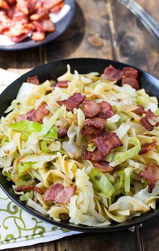 Cabbage and Noodles cooked in bacon. An easy and inexpensive meal.