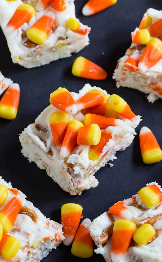 Candy Corn Fudge. A delicious sweet and saty Halloween treat with pretzels and white chocolate