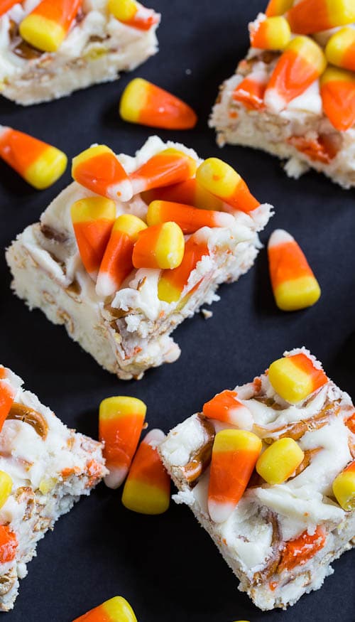 Candy Corn Fudge with pretzels and white chocolate.