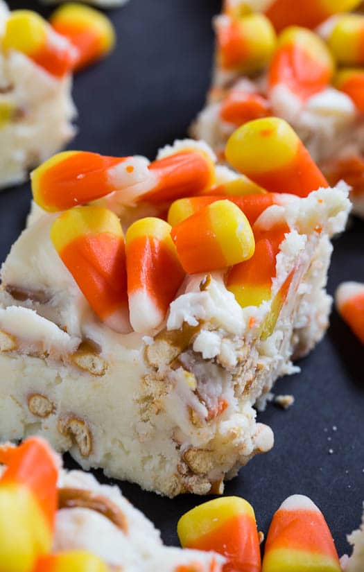 Candy Corn Fudge - a festive Halloween treat with pretzels and white chocolate.