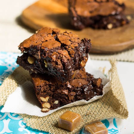 Dark chocolate brownies with caramel and salted peanuts