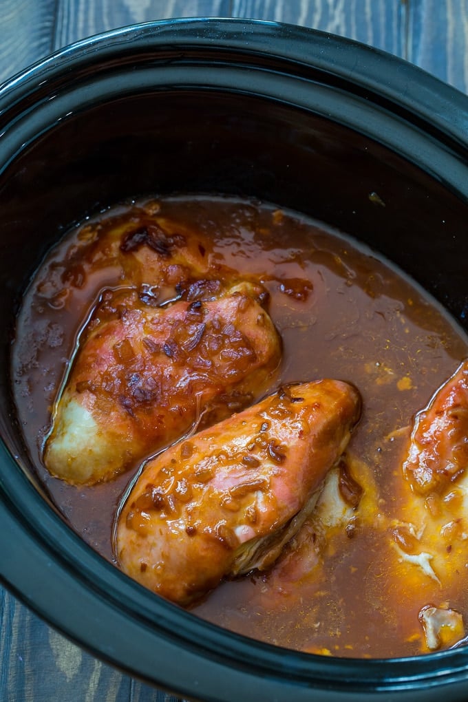 Chicken cooked with Catalina dressing in the slow cooker.