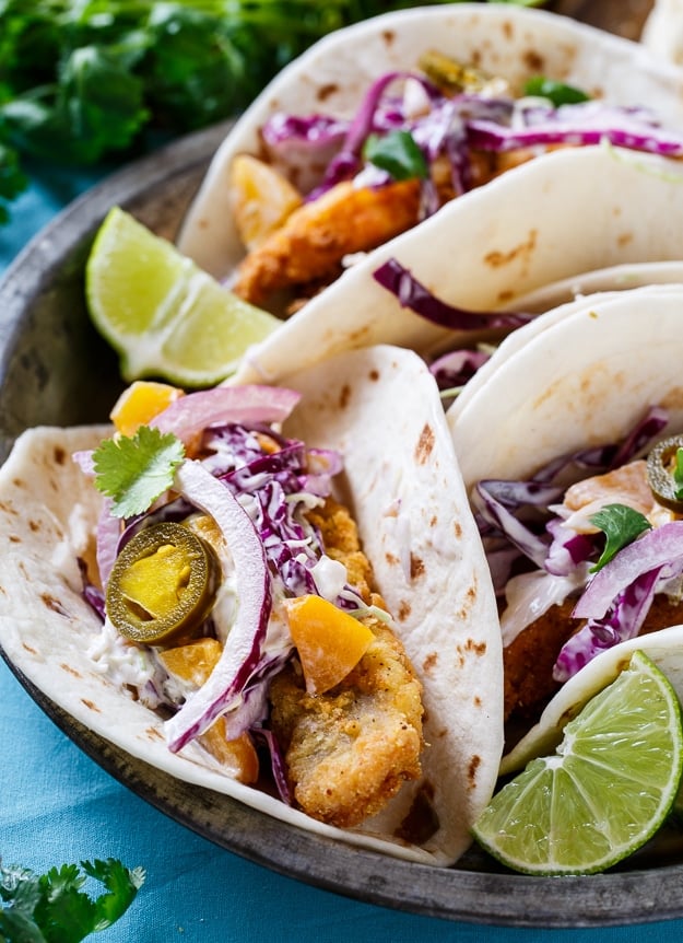 Southern Catfish Tacos and Jalapeno Peach Slaw