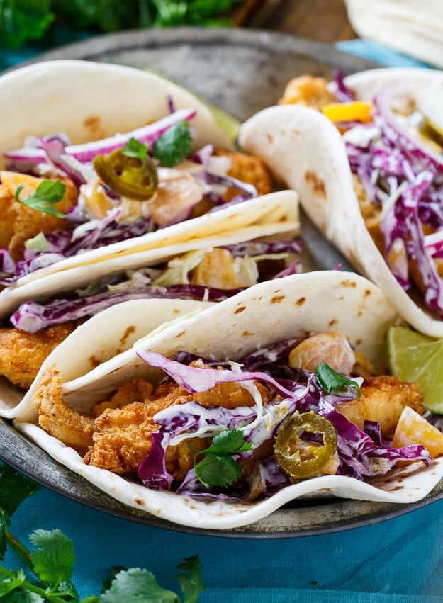 Southern Catfish Tacos with Jalapeno Peach Slaw