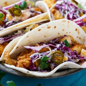 Southern Catfish Tacos with Jalapeno Peach Slaw