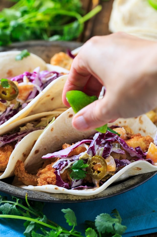 Southern Catfish Tacos with Jalapeno Peach Slaw