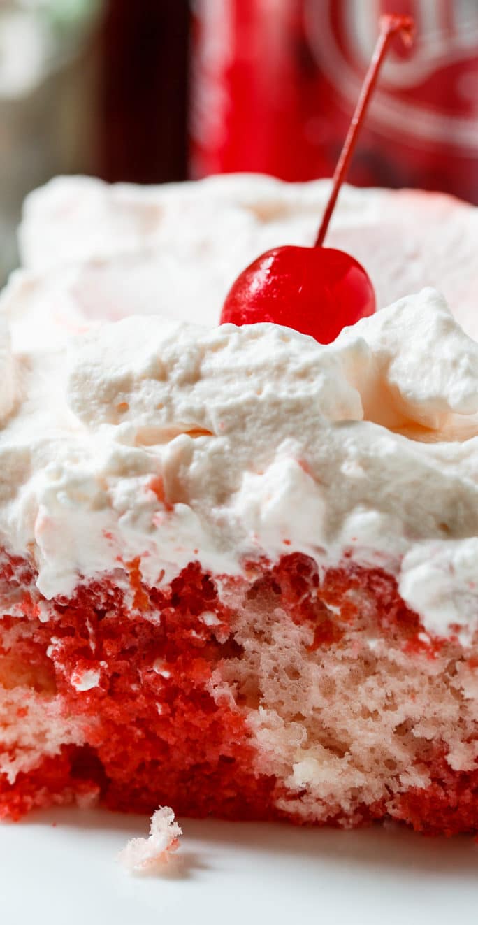 Cheerwine Poke Cake has lots of cherry flavor and is great for summer potlucks.