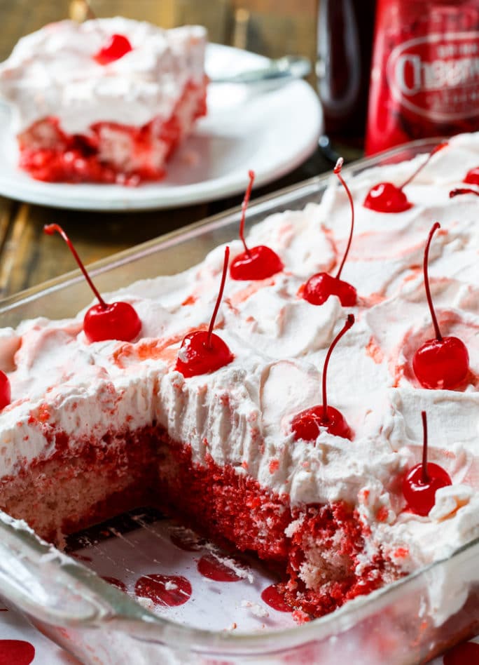 Cheerwine Poke Cake has lots of cherry flavor and makes a great summer potluck dessert.