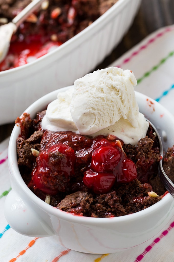 Chocolate Cherry Cobbler served with vanilla ice cream