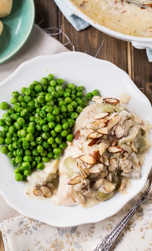 Chicken Artichoke Casserole with toasted almonds. A great casserole for spring!