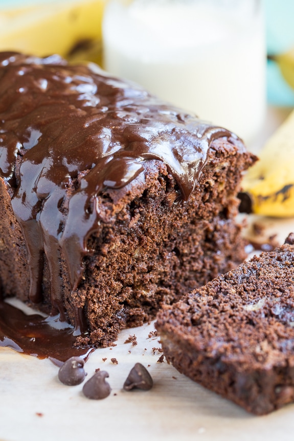 Triple Chocolate Banana Bread on a white serving platter