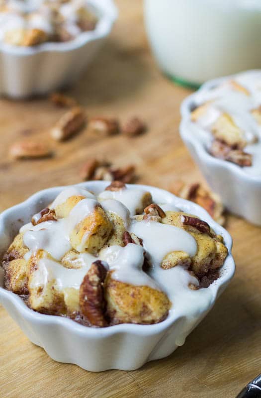 Cinnamon Roll Bread Pudding with glaze.