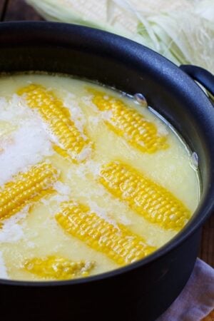 Best Way to Cook Corn- boiled with 1 stick of butter and 1 cup of milk.