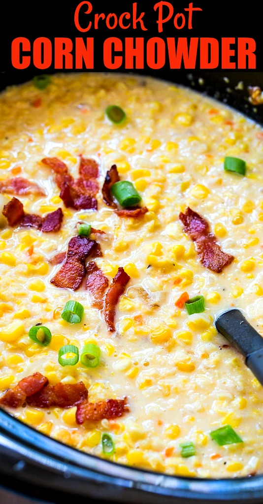 Chowder topped with bacon in black slow cooker.