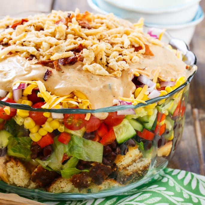 Barbecue-Ranch Cornbread Salad in a glass serving bowl
