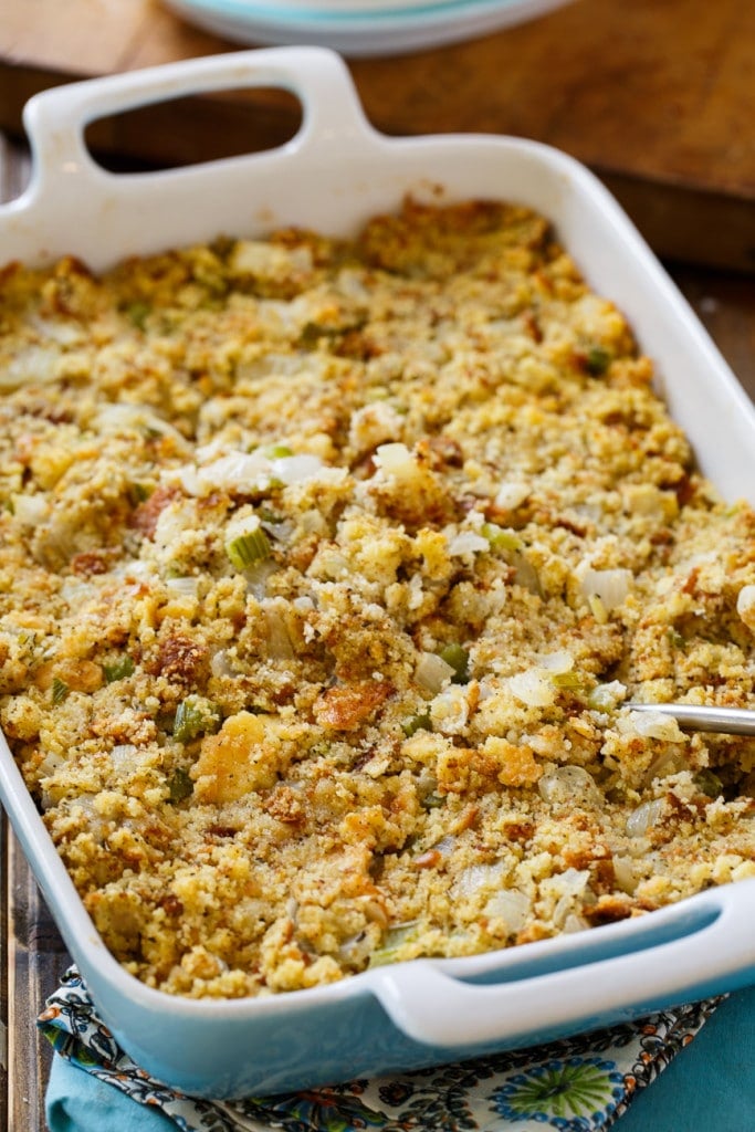 Southern Cornbread Dressing in a casserole dish.