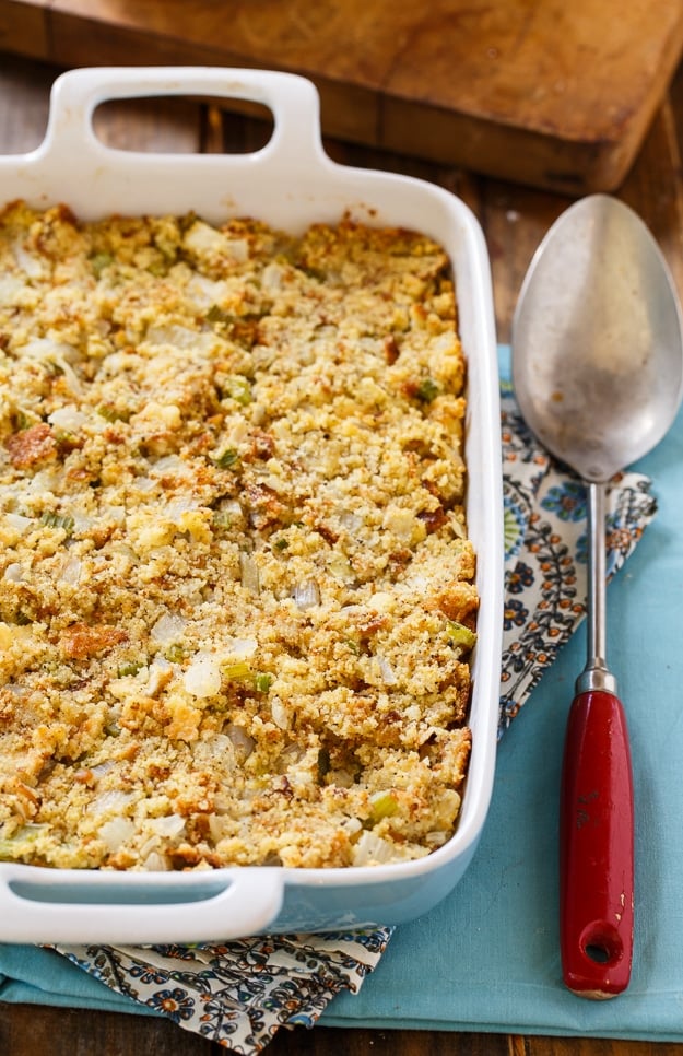 Cornbread Stuffing in a baking dish.