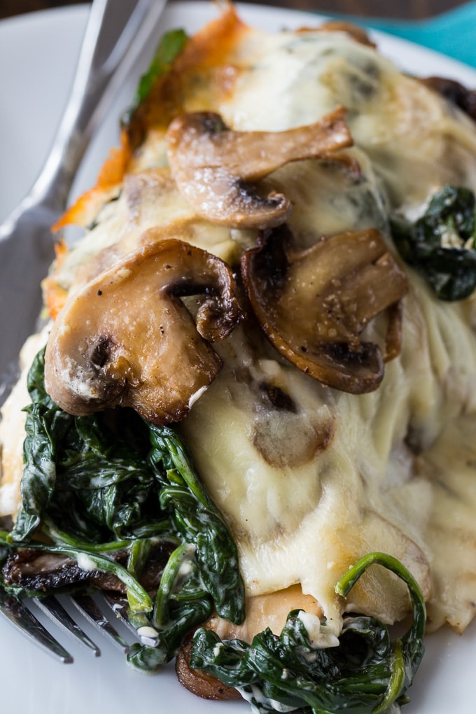 Creamed Spinach and Mushroom Smothered Chicken. This baked chicken dish is made with boneless chicken breasts.