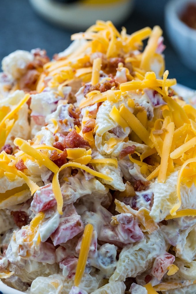 Creamy and Tangy Pasta Salad with bacon and cheese