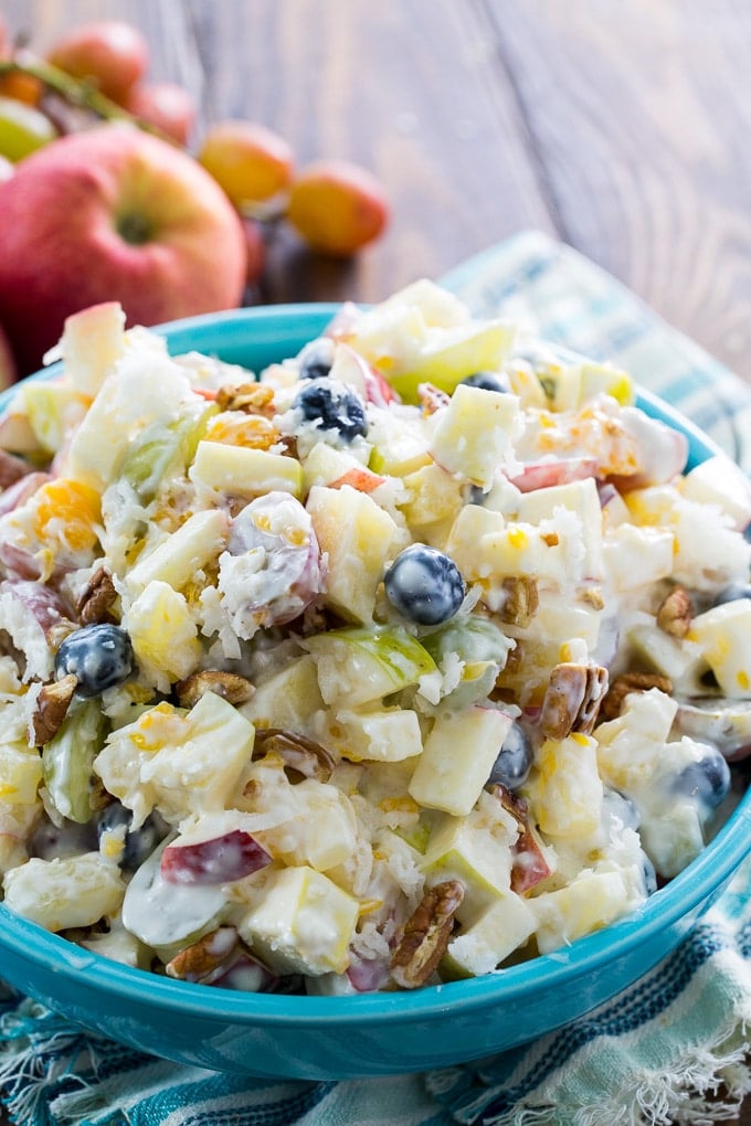 Creamy Fruit Salad with apples, grapes, pineapple, and blueberries
