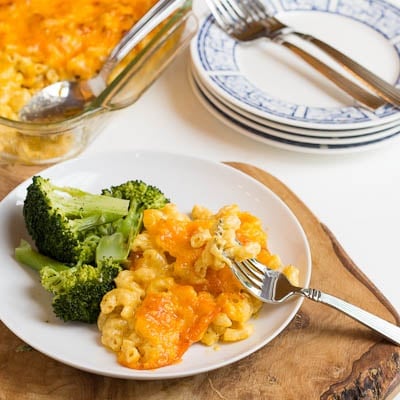 Creamy macaroni and cheese on a plate with a fork.