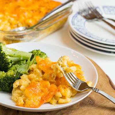 Macaroni and Cheese dished up on a white plate with broccoli.