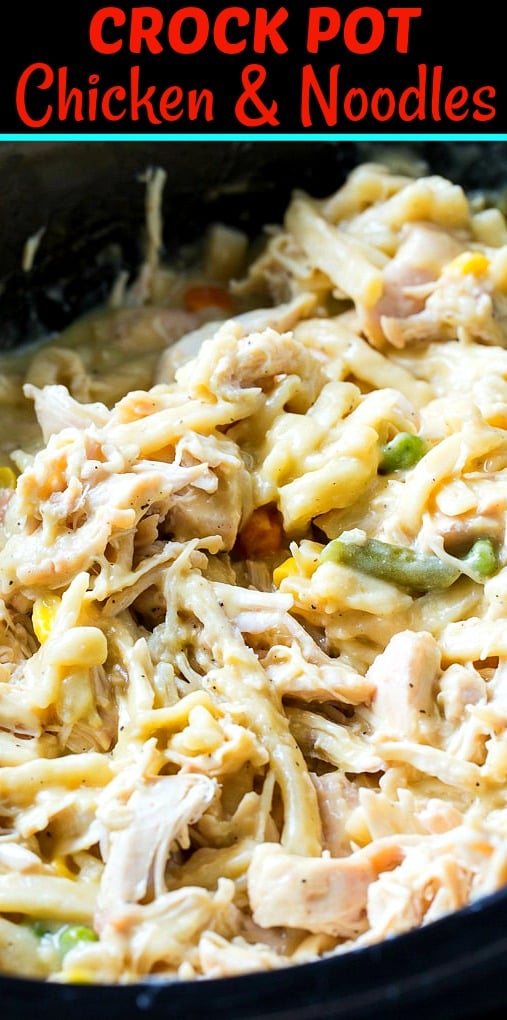 Chicken and Noodles in a black slow cooker.