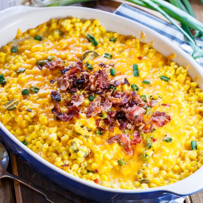 Cheddar Corn Casserole with lots of cheese and bacon