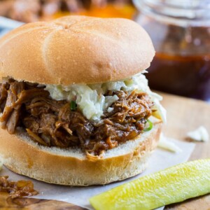 Dr. Pepper Pulled Pork cooked in a crock pot.