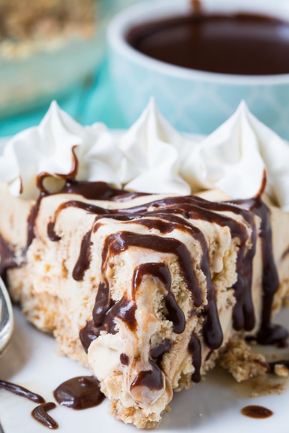 Dulce de Leche Ice Cream Pie with a vanilla wafer crust and a mocha fudge sauce.