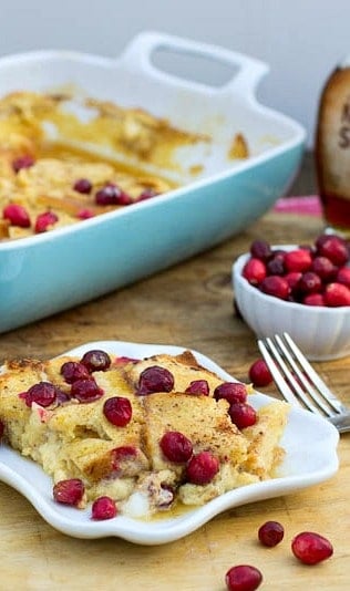 Eggnog French Toast Bake with fresh cranberries. Can be assembled the night before for an easy holiday breakfast.