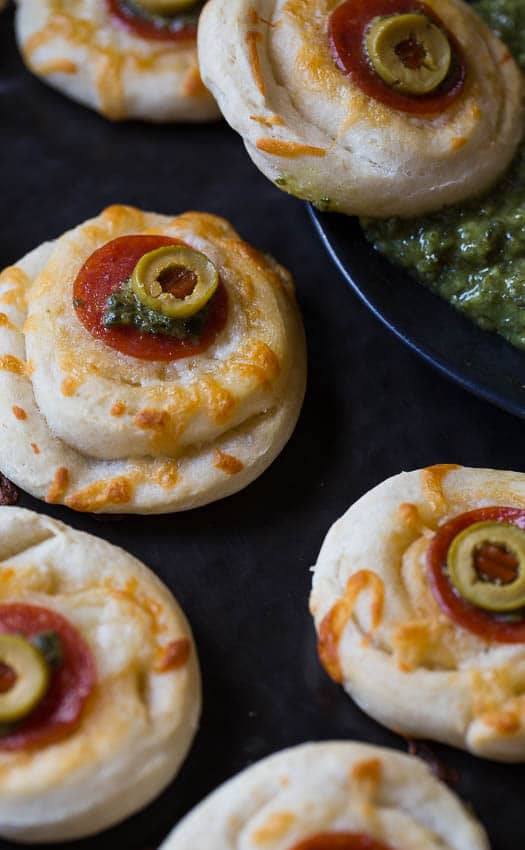 Spooky Monster Eyeball Pizzas for Halloween made from refrigerated pizza dough.