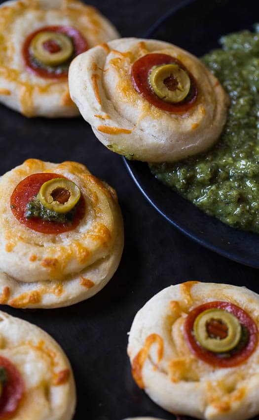 Monster Eyeball Pizzas - a spooky snack for Halloween.