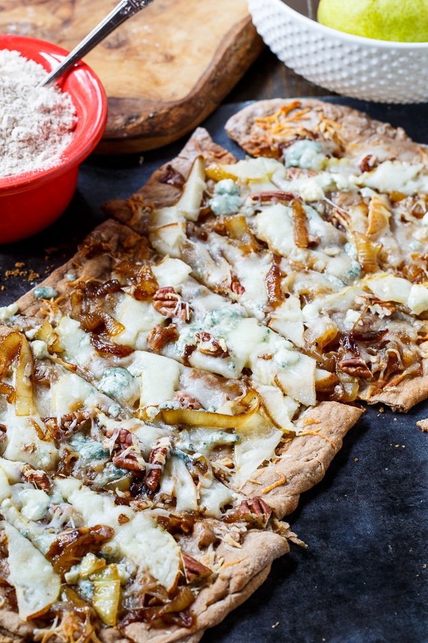 CHeesy Caramelized Onion Flatbread with pears, blue cheese, and pecans.