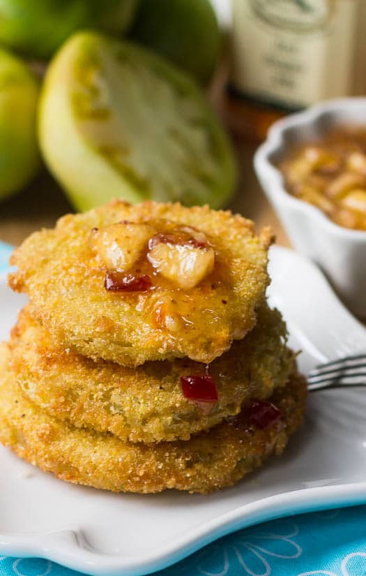 Fried Green Tomatoes with Peach Chutney close-up.