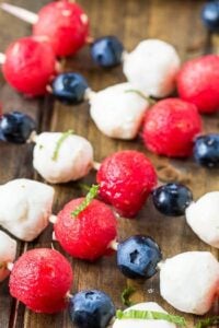 4th of July Fruit Kabobs with watermelon, blueberries, and mozzarella balls.