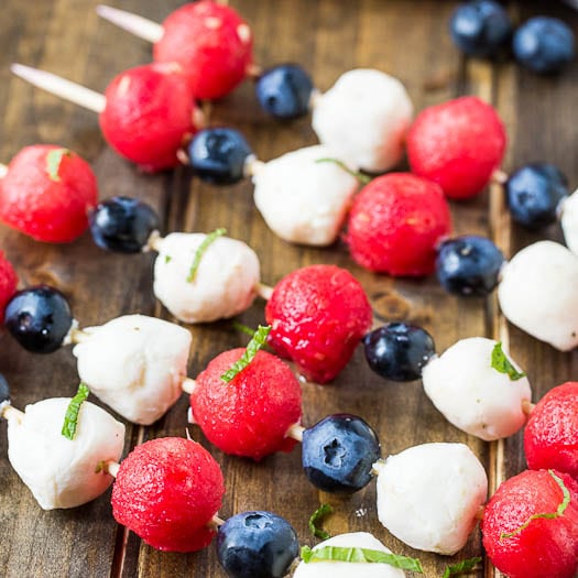 4th of July Fruit Kabobs with watermelon, blueberries, and mozzarella balls.