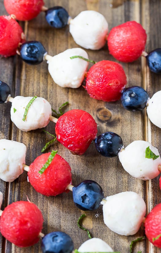 4th of July Fruit Kabobs with watermelon, blueberries, and mozzarella balls.
