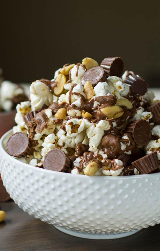 Popcorn covered in melted mini Reese's