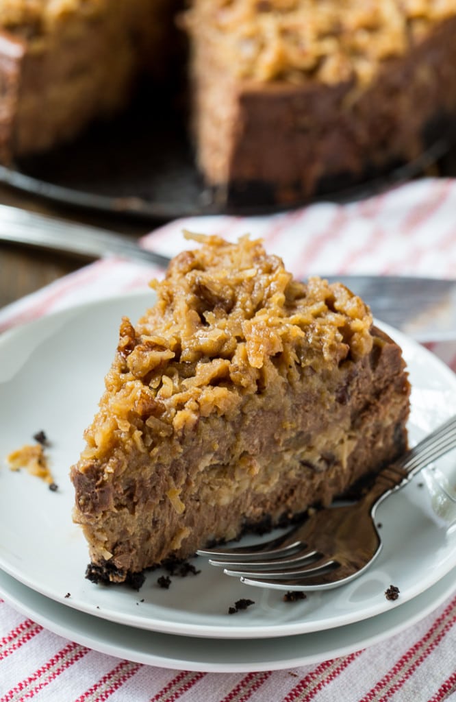 German Chocolate CHeesecake with a gooey coconut-pecan frosting.