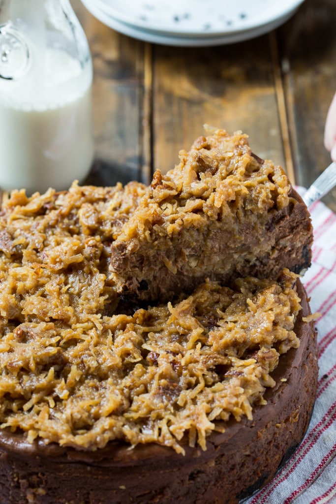 German Chocolate Cheesecake with a gooey coconut-pecan frosting