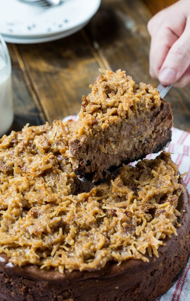 German Chocolate Cheesecake with a gooey coconut-pecan frosting