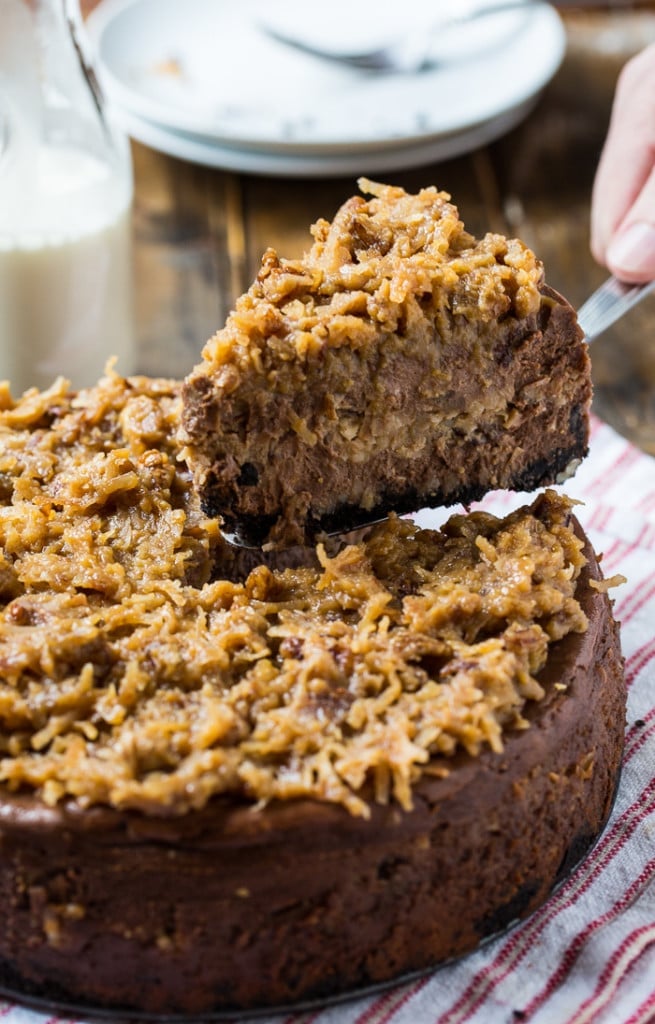 German Chocolate Cheesecake with a gooey coconut-pecan frosting.