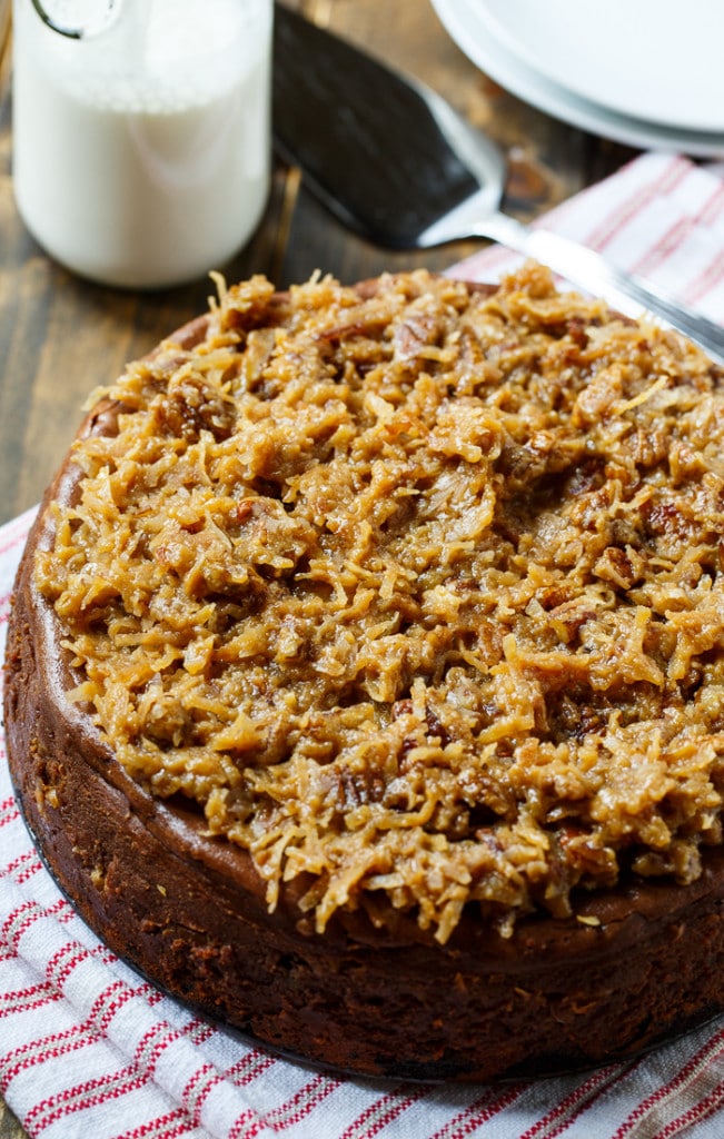 German Chocolate Cheesecake with coconut-pecan frosting.