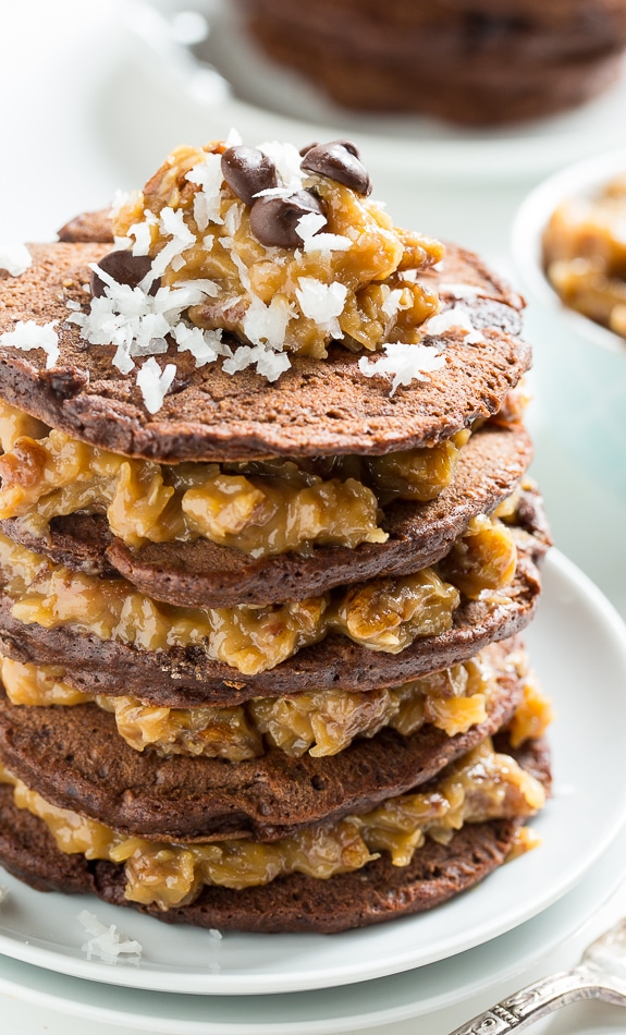 German Chocolate Pancakes from Southern Living. Chocolate panckaes layered with coconut-pecan filling. Insanely delicious!