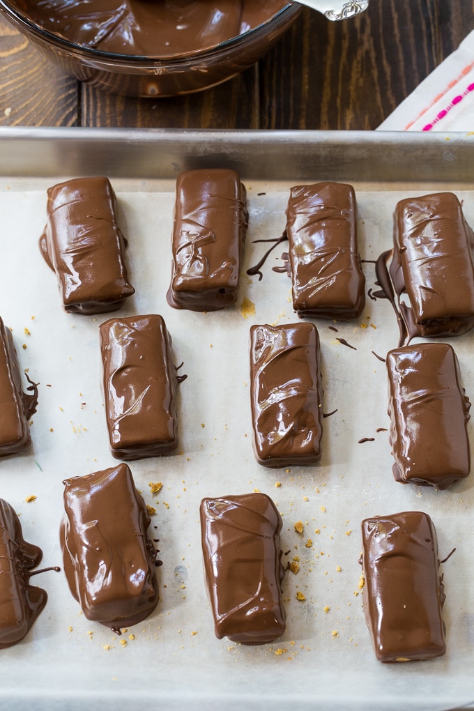 Graham crackers stuffed with peanut butter and coated in chocolate.