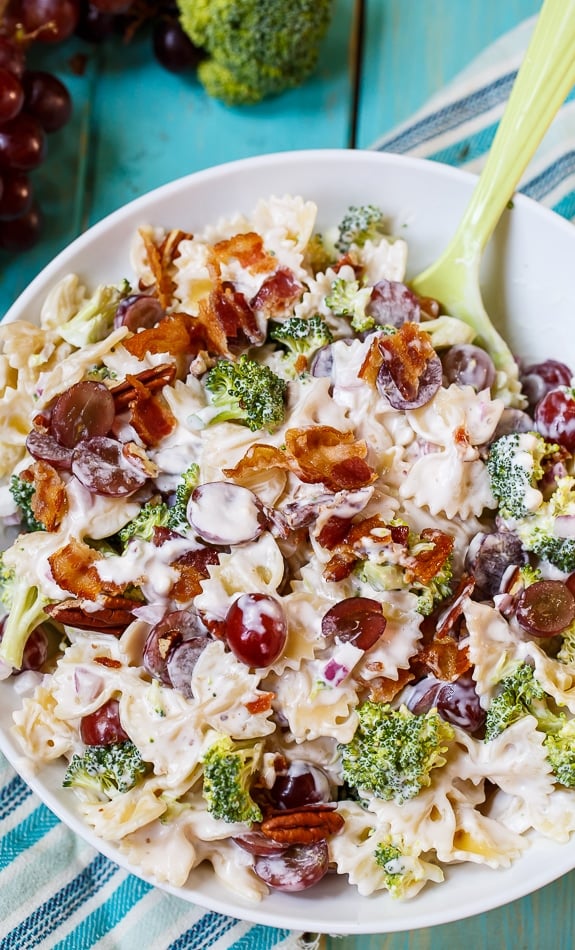 Broccoli Grape Pasta Salad in a large white bowl.